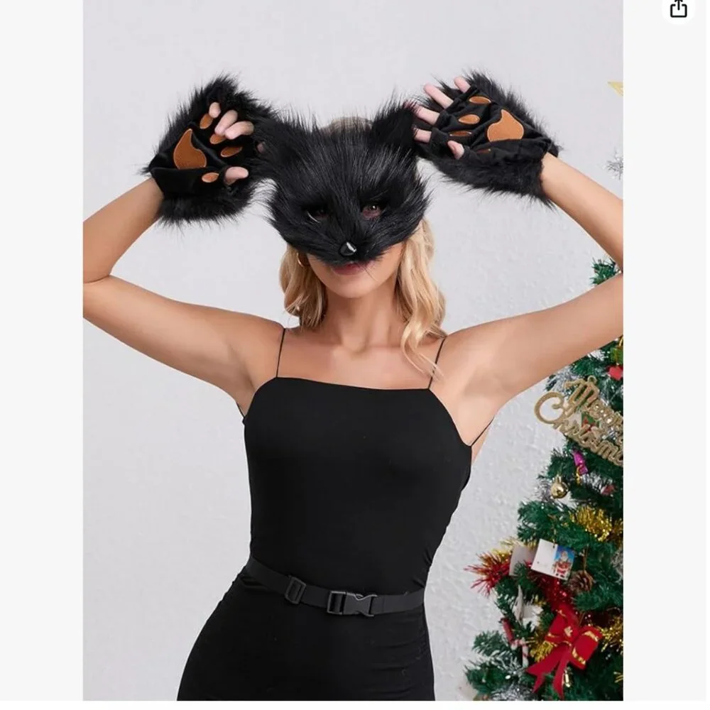 Furry Black Cat Costume with Mask,Tail and Fingerless Faux Fur Paw Gloves